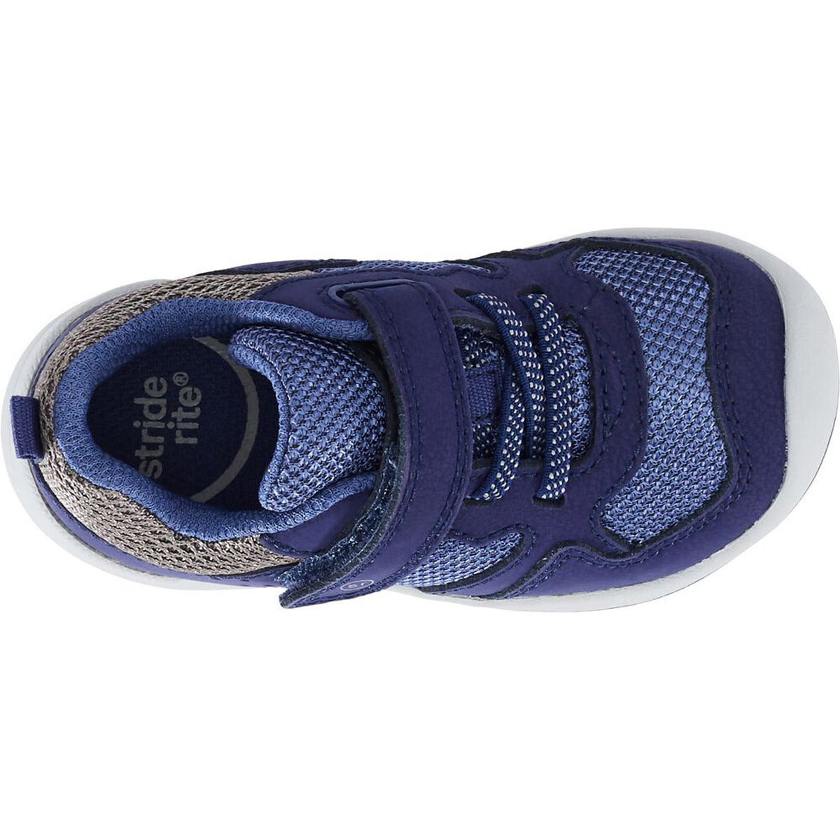 Top view of a single blue and grey Stride Rite Winslow Navy Sneaker with a velcro strap.