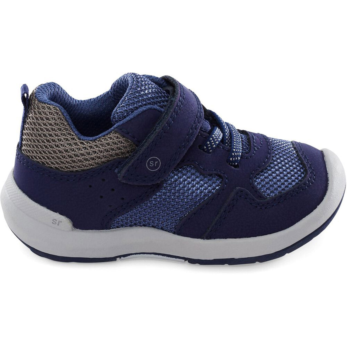A single STRIDE RITE WINSLOW NAVY toddler&#39;s sneaker with velcro straps on a white background, featuring ground-detecting technology.