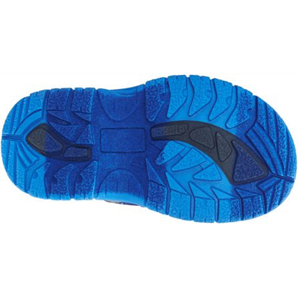 Blue waterproof rubber sole of a Stride Rite M2P Frost Trek Navy Multi shoe with tread pattern.