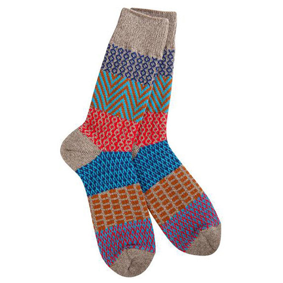 A pair of Worlds Softest Gallery Crew Socks Harmony - Womens in a combination of blue, red, and beige colors.