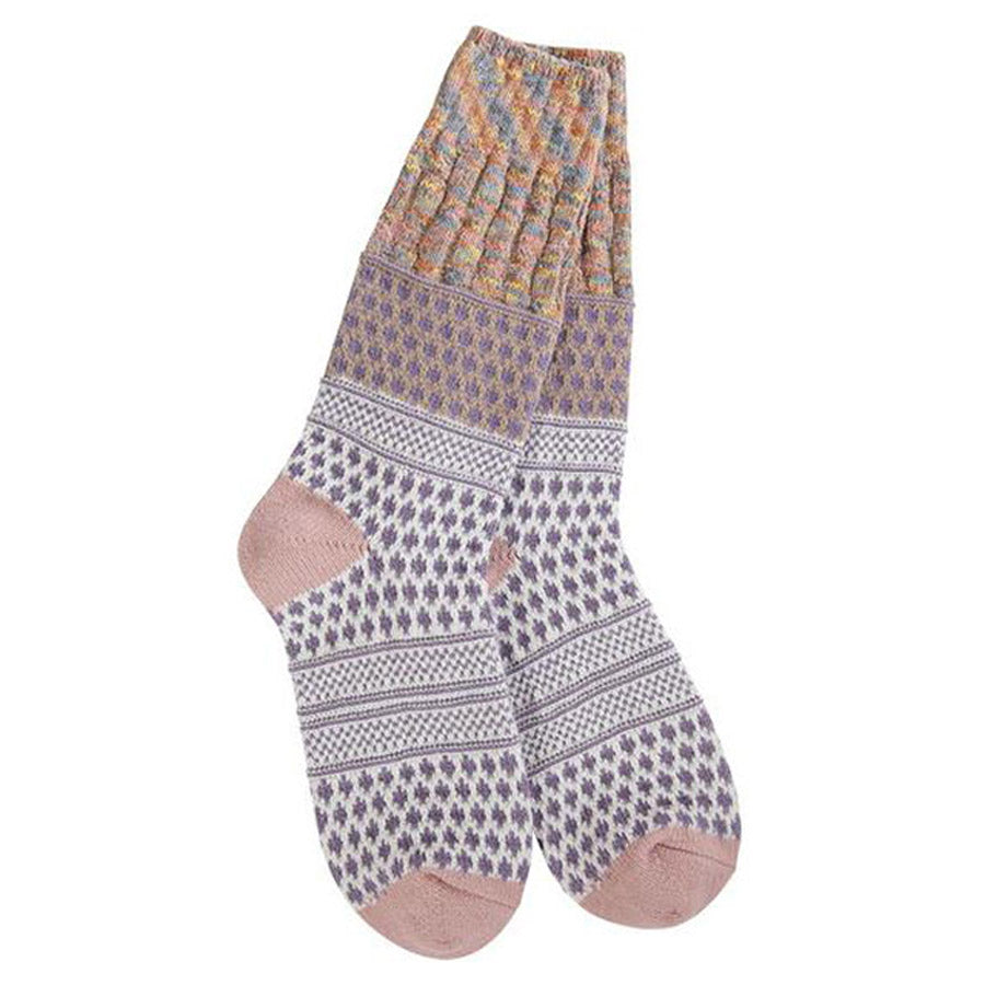 A pair of Worlds Softest Gallery Textured Crew Socks in taupe for women with contrasting heel and toe areas, exuding comfy cuteness.