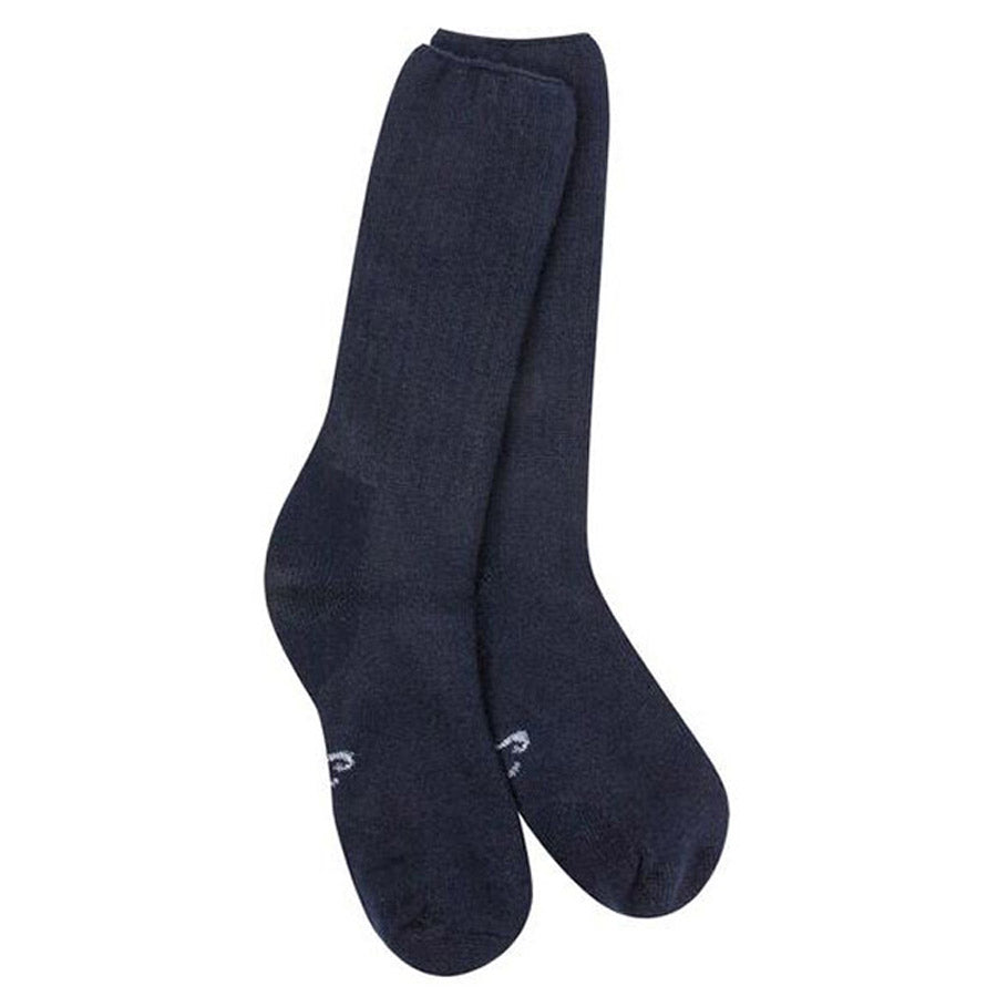 A pair of Worlds Softest classic crew navy socks displayed on a white background.