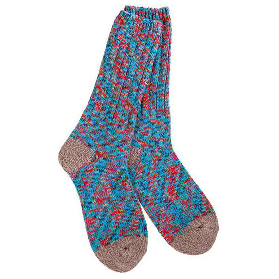 A pair of World's Softest Ragg Crew Socks Harmony - Women's, ultra soft, multicolored knitted socks with contrasting heel and toe sections designed for women.