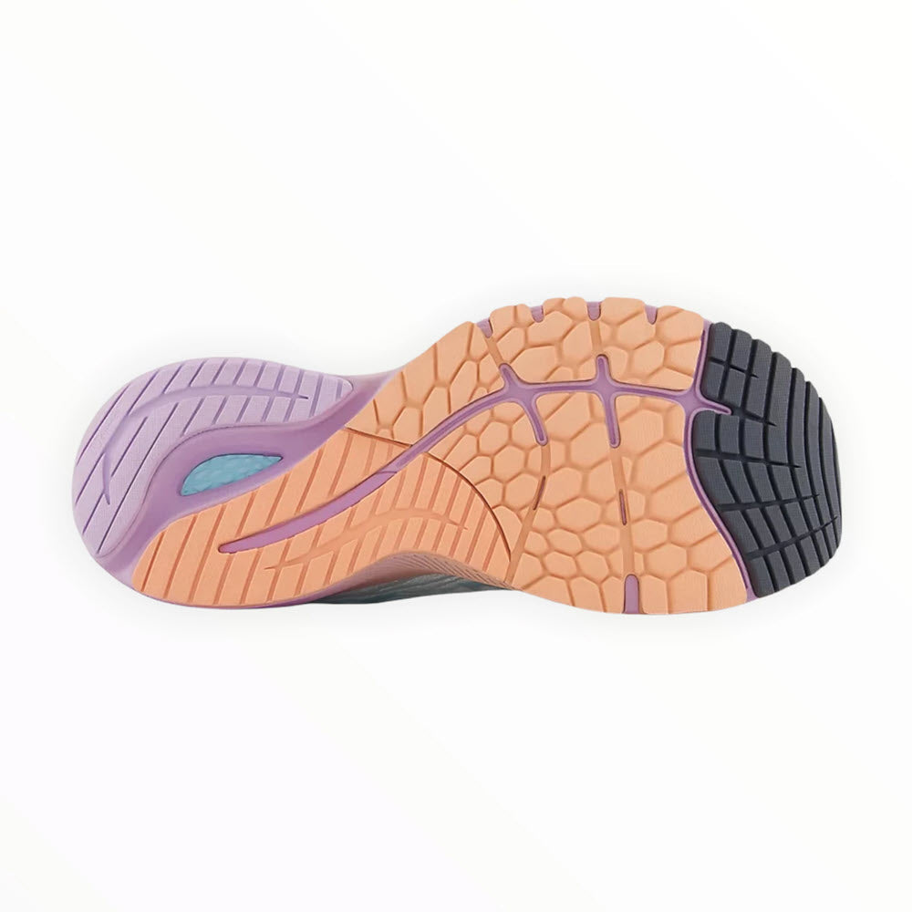 An image displaying the sole of a New Balance 860V12 stability running shoe with a design of purple, orange, and black areas, including a visible cushioning system.