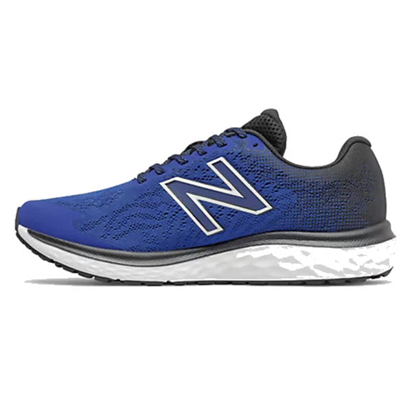 A single blue New Balance 680v7 men&#39;s running shoe with a white sole.