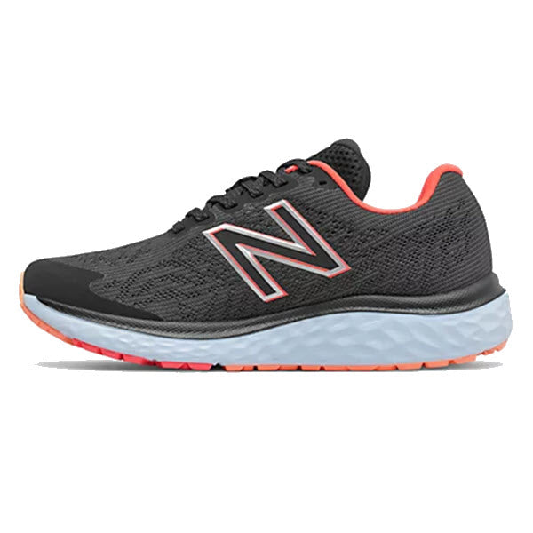 A New Balance 680v7 Black/Vivid Coral/Citrus Punch/UV Glo running shoe features a dual-density Fresh Foam midsole, detailed in gray with a white sole and accented by a prominent red &quot;n&quot; logo on.