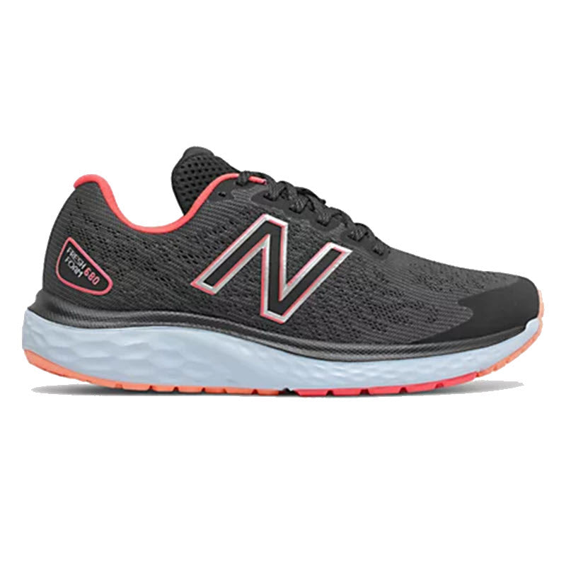 Women&#39;s New Balance 680v7 running shoe with black and gray, dual-density Fresh Foam midsole, and red accents.