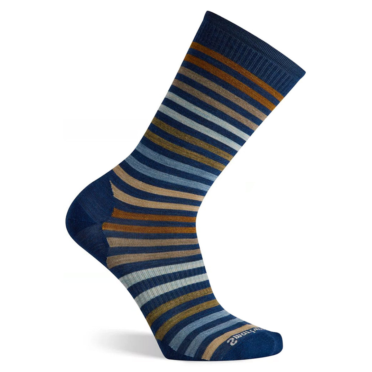 A single striped men&#39;s Smartwool Spruce Street Alpine Blue sock displayed against a white background.