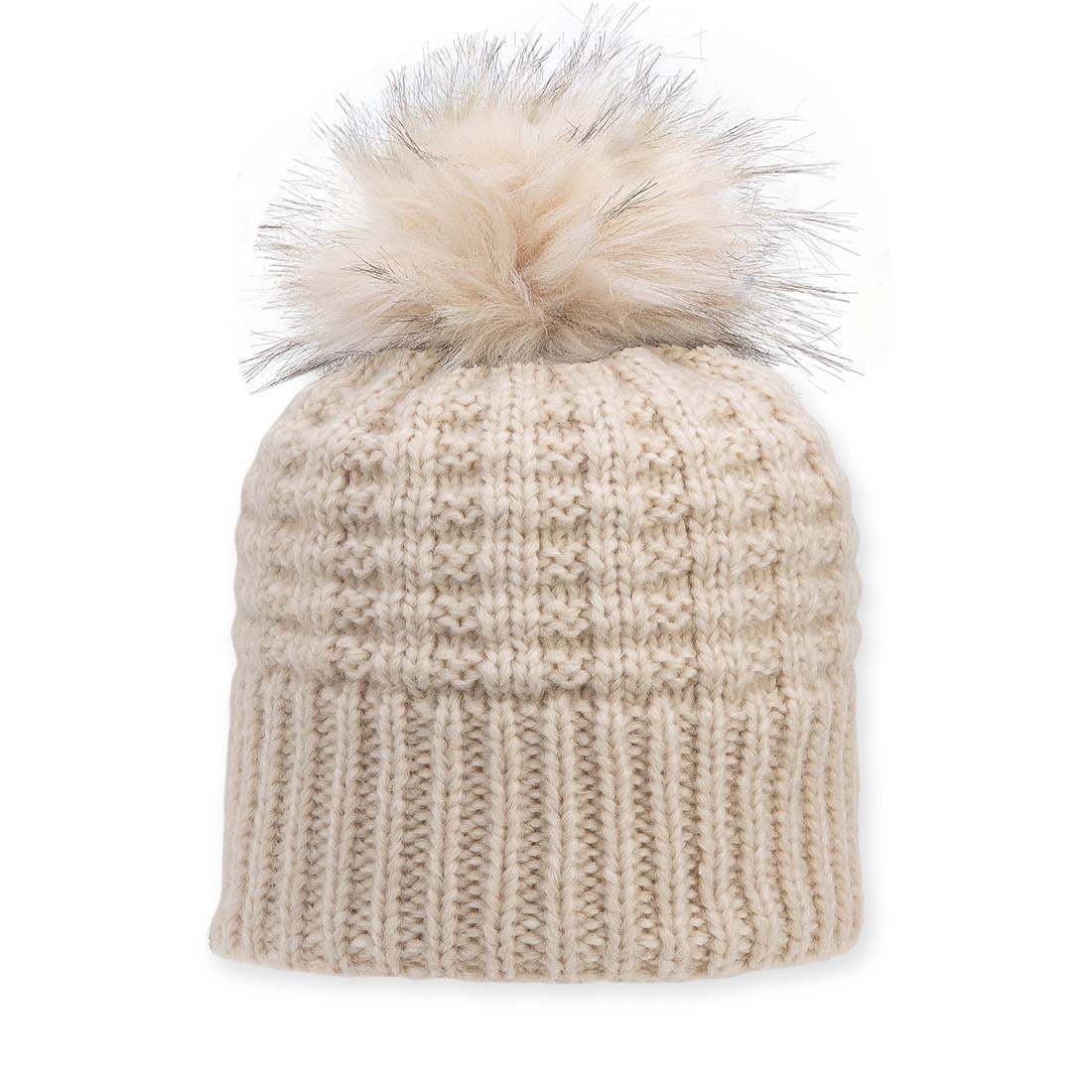 Beige Pistil Cami Knit Hat Vanilla with a faux fur pom on top.