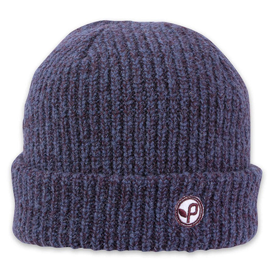 Knitted rib-knit PISTIL BOYFRIEND CAP EGGPLANT with rolled-up brim and logo-badge.