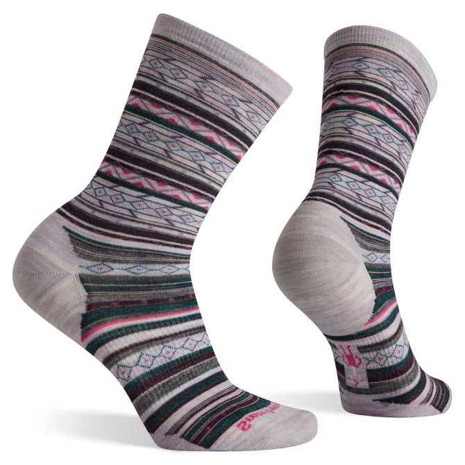 A pair of Smartwool Ethno Stripe Crew socks with various patterns, featuring arch support, displayed against a white background.