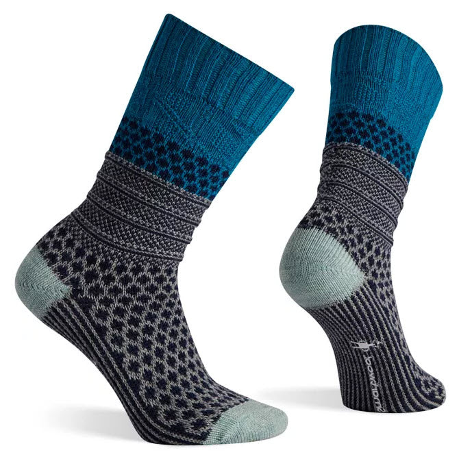 A pair of patterned blue and grey Smartwool Popcorn Cable Ocean - Womens socks displayed against a white background.