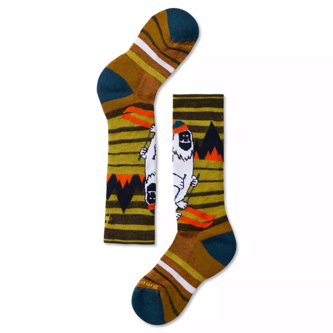 A pair of Smartwool Wintersport Yeti Olive patterned socks made from merino wool, featuring a yeti design on a white background.