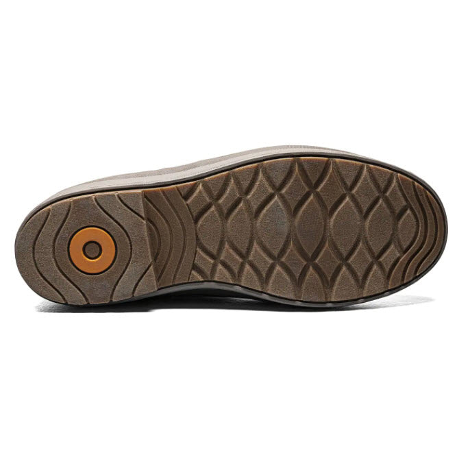Sole of a Bogs CRANDALL II MID ZIP FOSSIL - WOMENS waterproof boot with a herringbone pattern and a circular logo detail.