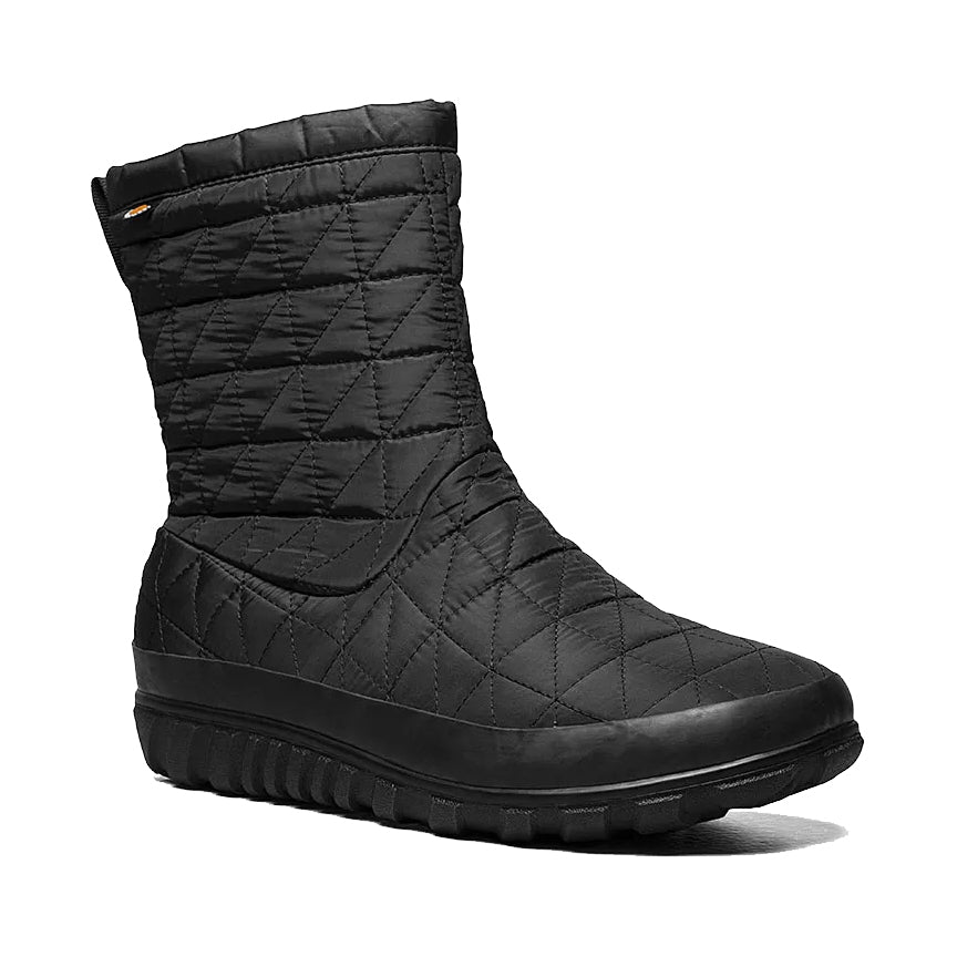 Quilted Bogs Snowday II Mid Black winter boot with a thick rubber, slip-resistant outsole.