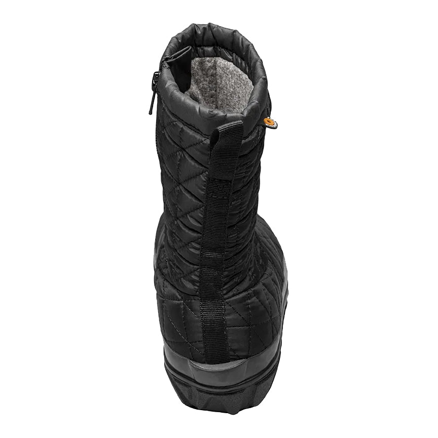 Insulated waterproof Bogs Snowday II Mid Black - Womens with a zipper and a pull tab on a white background.