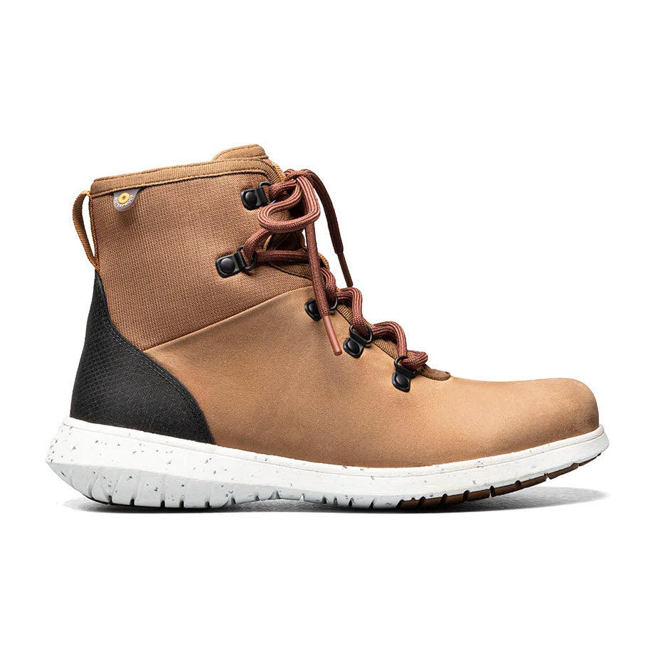 A single waterproof light brown hiking boot with black accents and a white sole, featuring BOGS Max-Wick technology.