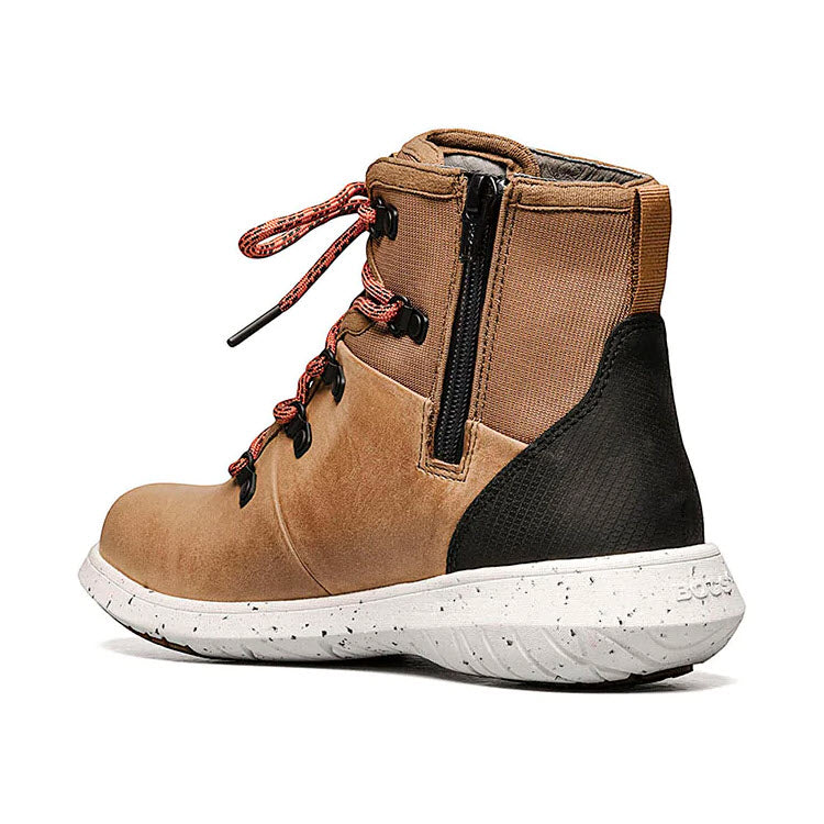 A single brown and black BOGS JUNIPER HIKER TOFFEE - WOMENS ankle boot with laces, a side zipper, and BOGS Max-Wick technology on a white background.