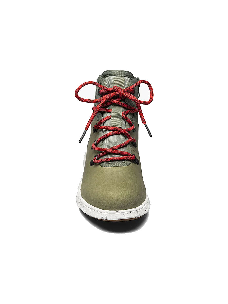 A green high-top sneaker with red laces and Bogs algae-based footbeds on a white background.