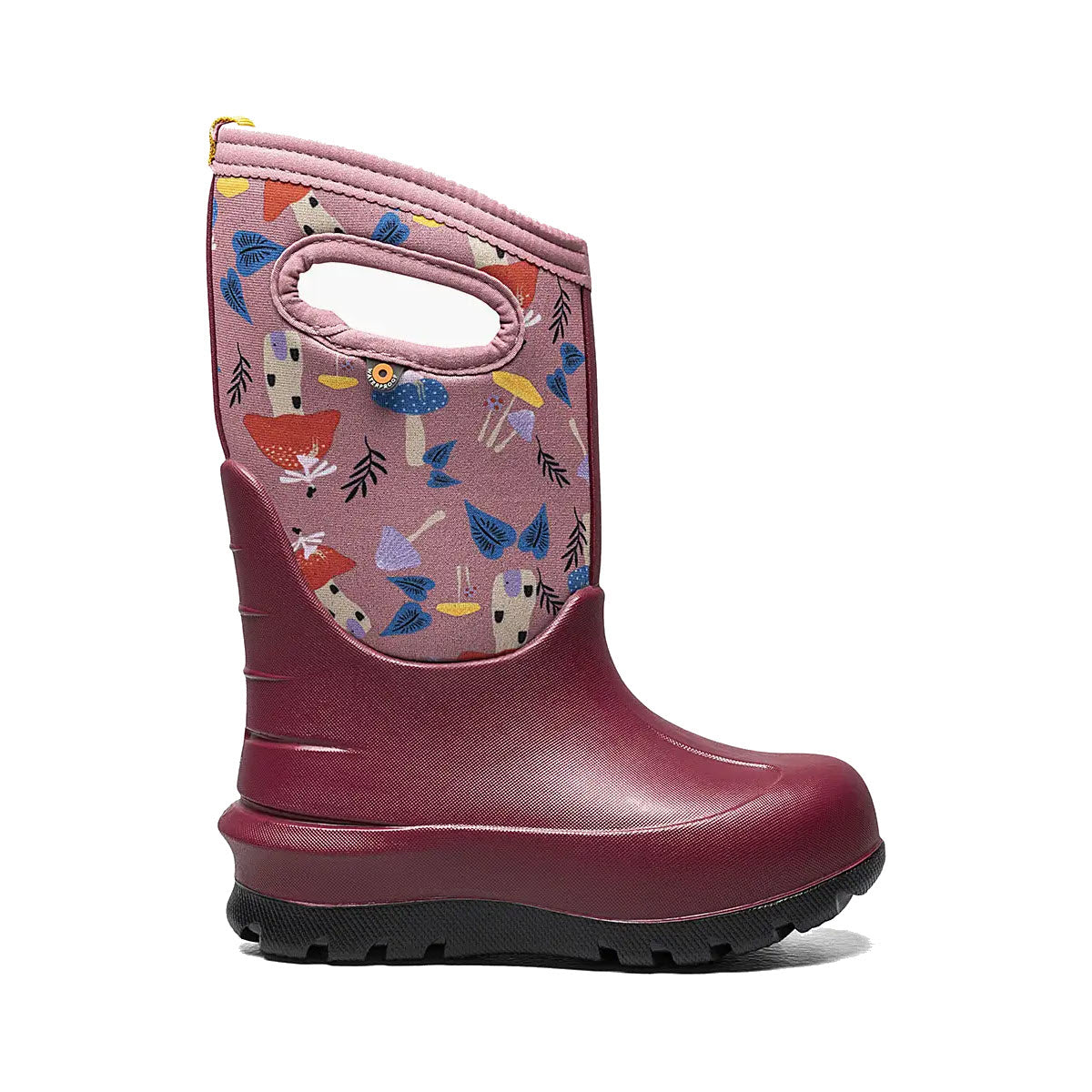 Child&#39;s rain boot with animal print design, handle, and BOGS Neo-Tech insulation for waterproof warmth.