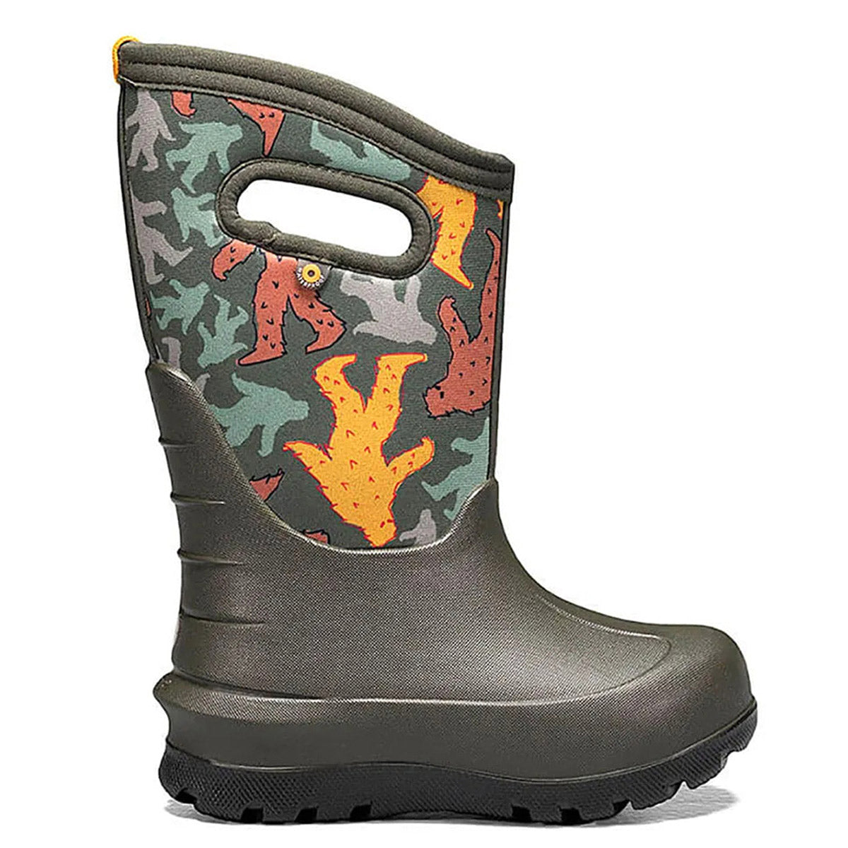 Children's BOGS NEO-CLASSIC BIGFOOT DARK GREEN MULTI rain boot with handle.