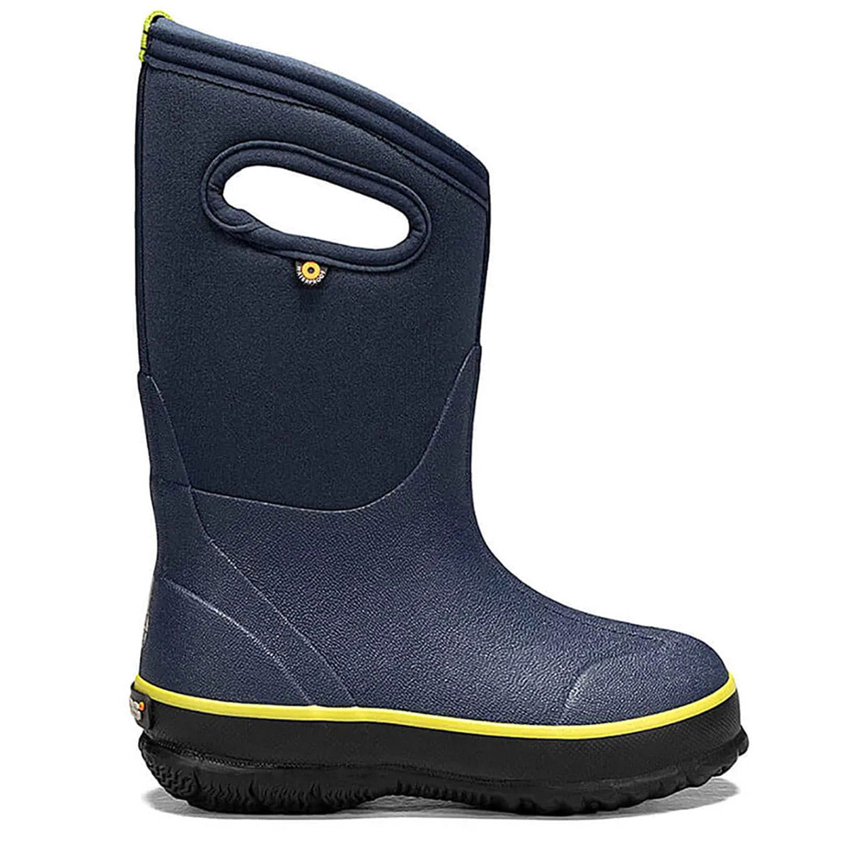 Navy blue Bogs Classic Texture Solid Navy - Kids boot with handle and yellow trim, featuring Neo-Tech insulation.