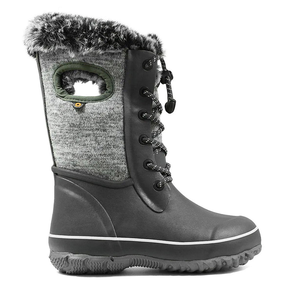 Bogs winter boot with fur lining, lace-up front, and waterproof design.
