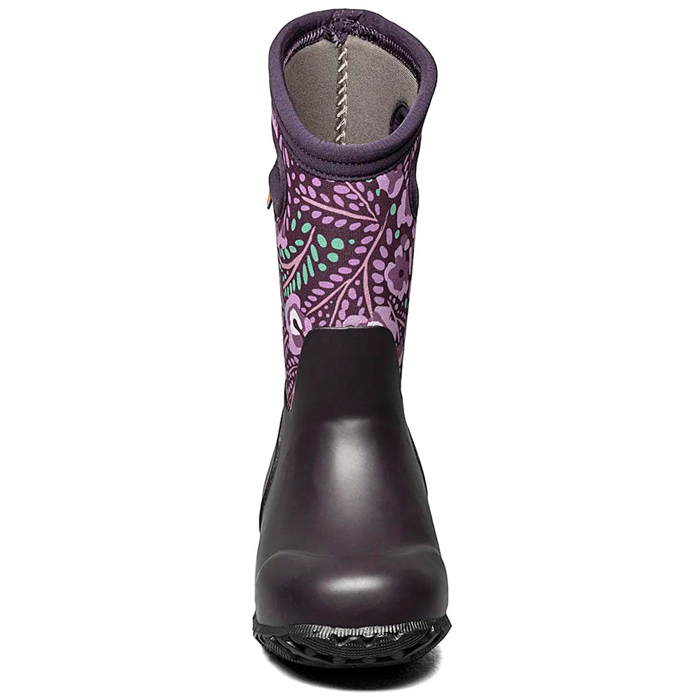 Children&#39;s purple and black patterned Bogs York Super Flower eco-friendly rain boot. 

Corrected sentence: Children&#39;s BOGS YORK SUPER FLOWER PURPLE MULTI - KIDS rain boot.
