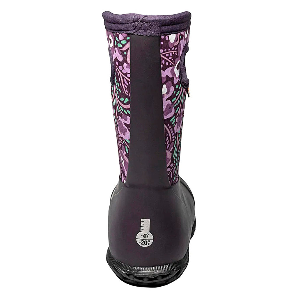 Winter boot with a colorful patterned upper shaft and temperature rating label. This eco-friendly, waterproof Bogs York Super Flower Purple Multi - Kids boot is designed for lasting wear and protection.