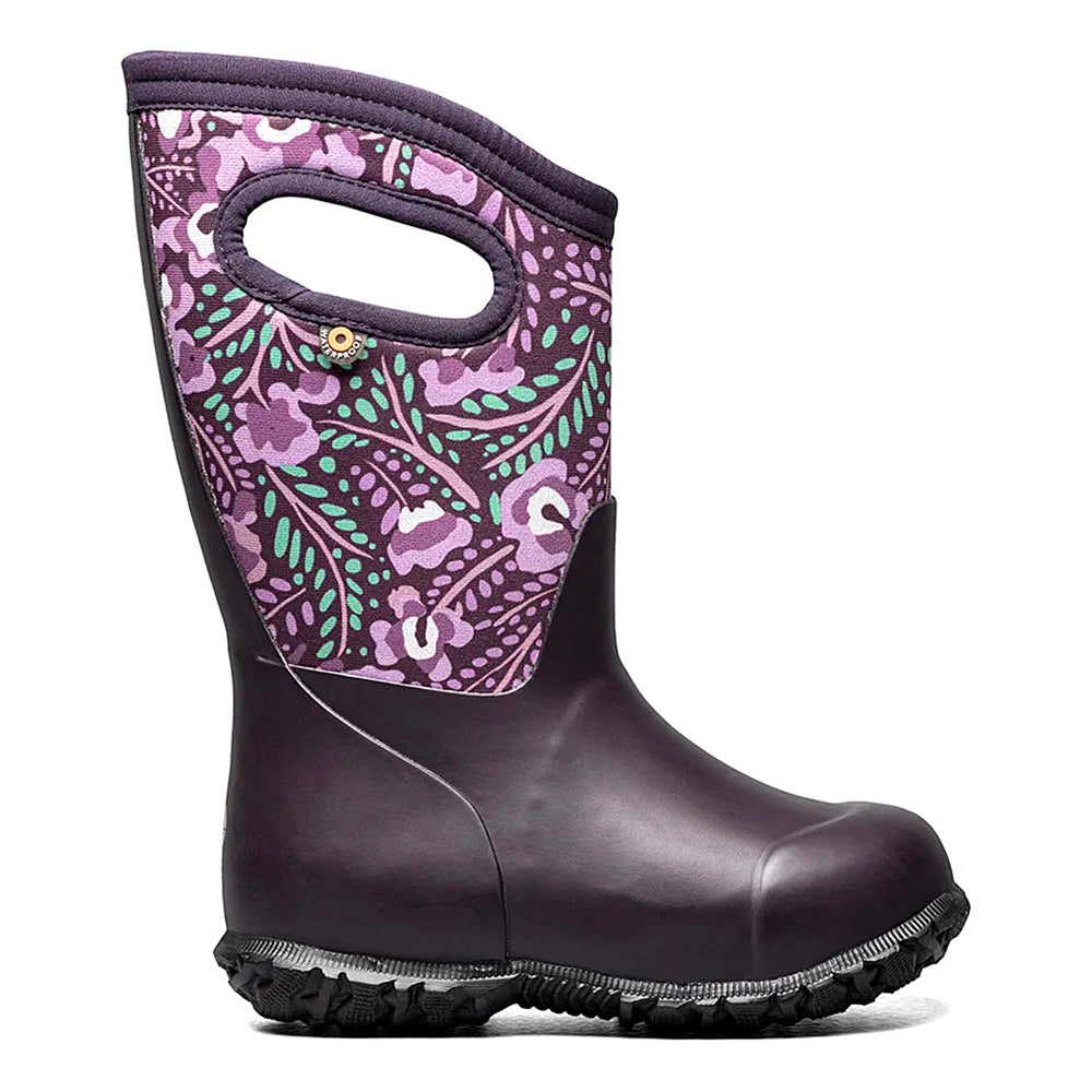 Children&#39;s eco-friendly Bogs York Super Flower Purple Multi rain boot with a floral pattern.