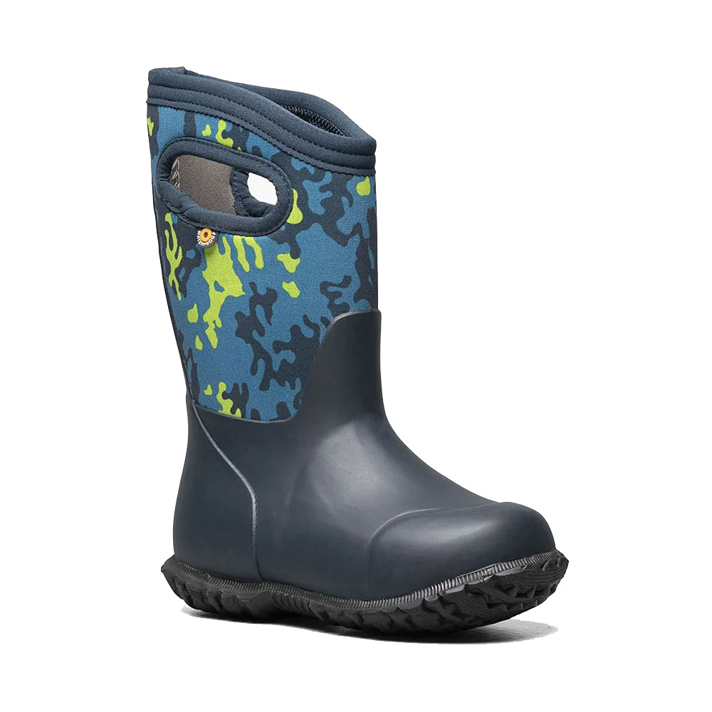 Bogs Child&#39;s blue insulated rain boot with patterned upper design.