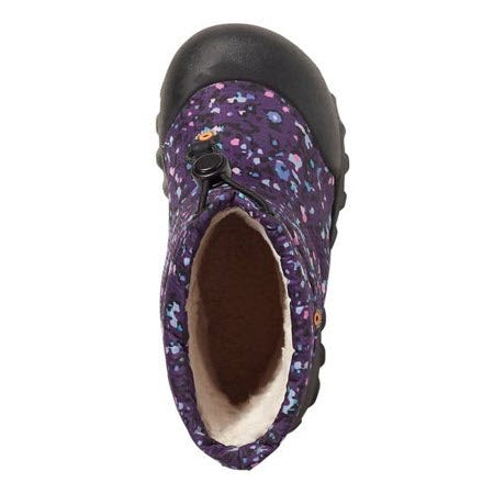 Top-down view of a purple patterned Bogs B-Moc toddler&#39;s boot with a fleece lining and an adjustable strap.