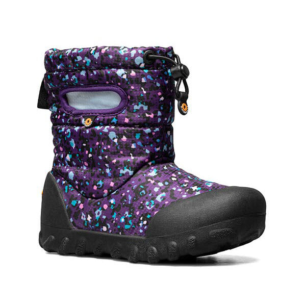 A colorful toddler's Bogs B-Moc Snow Little Textures Purple Multi winter boot with a camouflage pattern on a white background and waterproof upper.