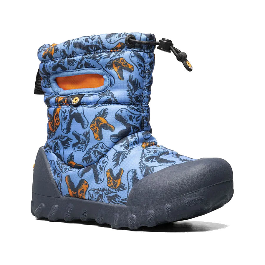 A Bogs child&#39;s winter boot with a dinosaur print design, 100% waterproof.