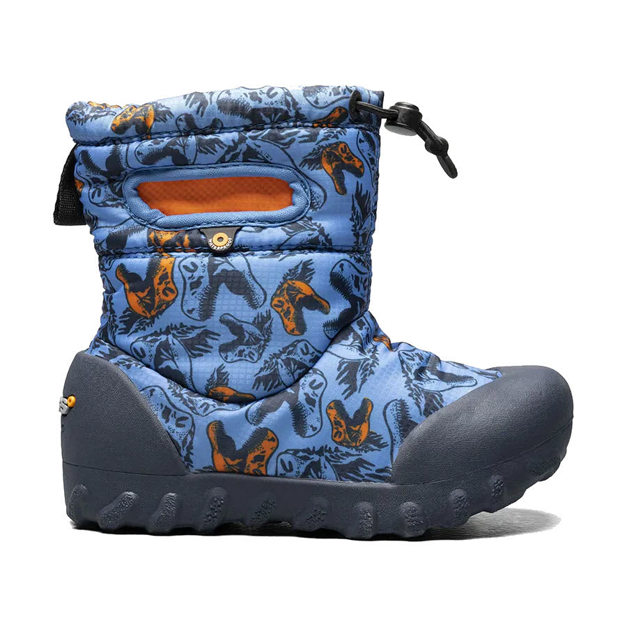 A blue and orange Bogs BOGS B-MOC SNOW COOL DINOS BLUE MULTI - KIDS Snow Boot, 100% waterproof with a dinosaur print design.