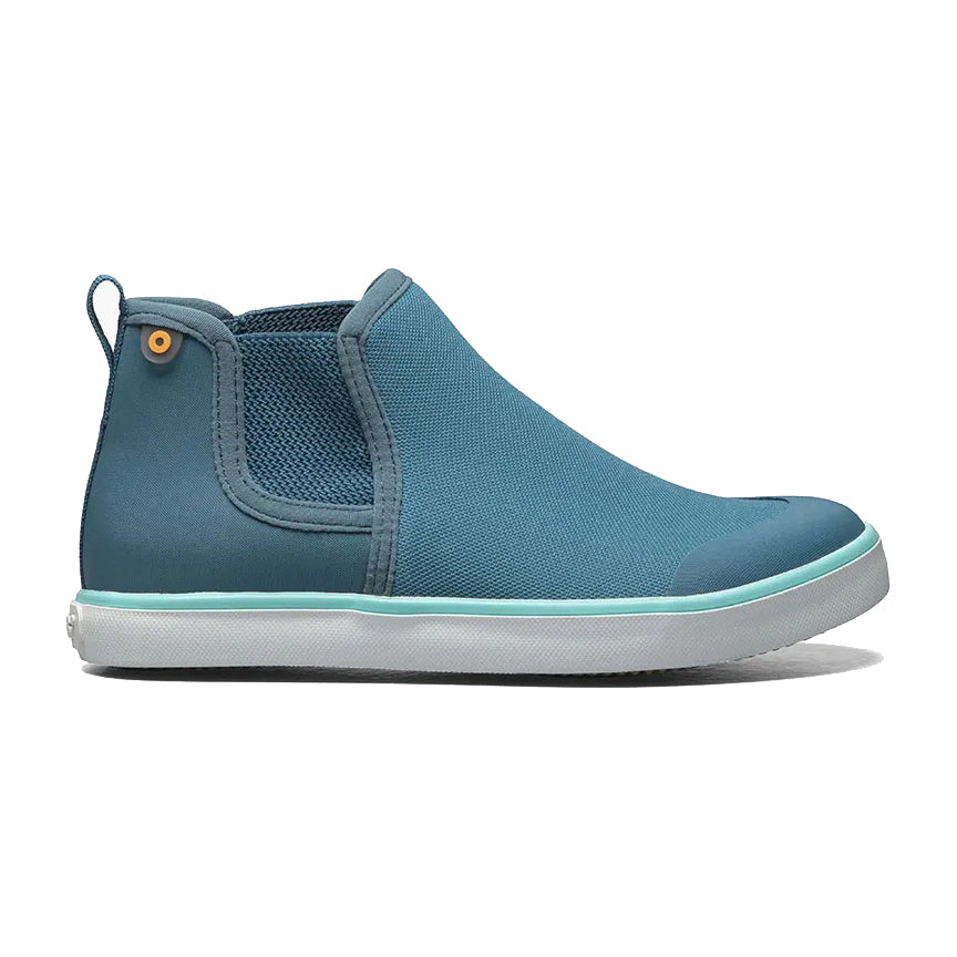 A blue slip-on sneaker with a white sole and Bogs eco-friendly material.
