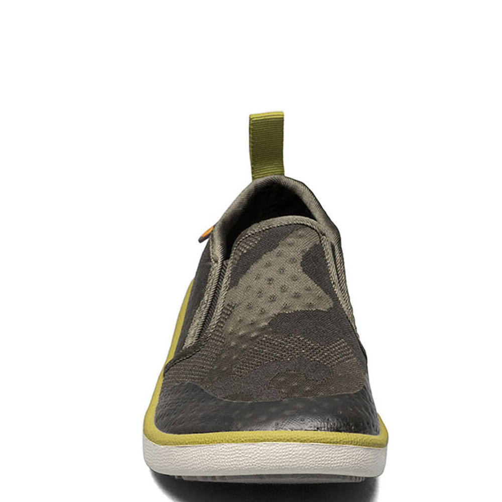 Olive green Bogs Kickers slip-on shoe viewed from the heel angle.