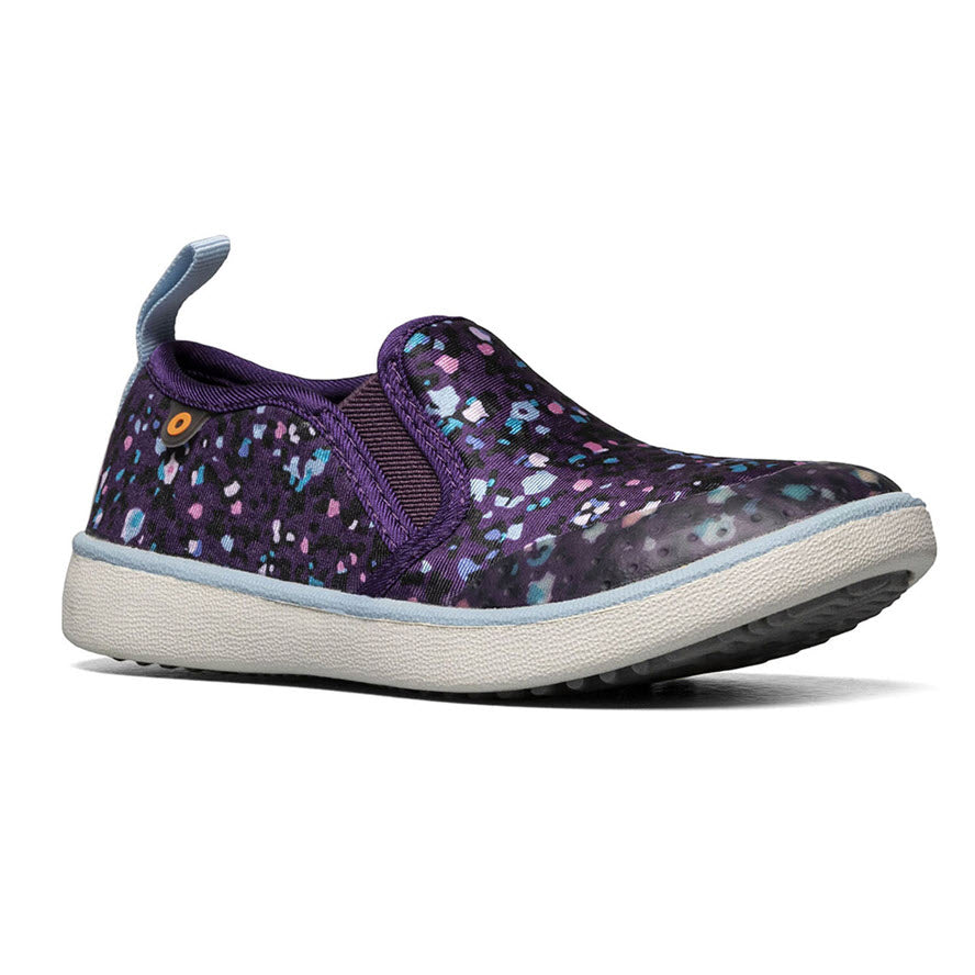 Children&#39;s Bogs Kicker Slip On Little Texture Purple Multi shoes feature a colorful sequin pattern on a white sole designed with DuraFresh technology.
