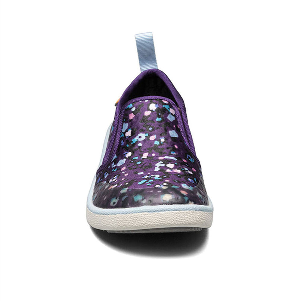 A colorful Bogs Kicker Slip On Little Texture Purple Multi shoe with a white sole and a patterned upper design viewed from the front.