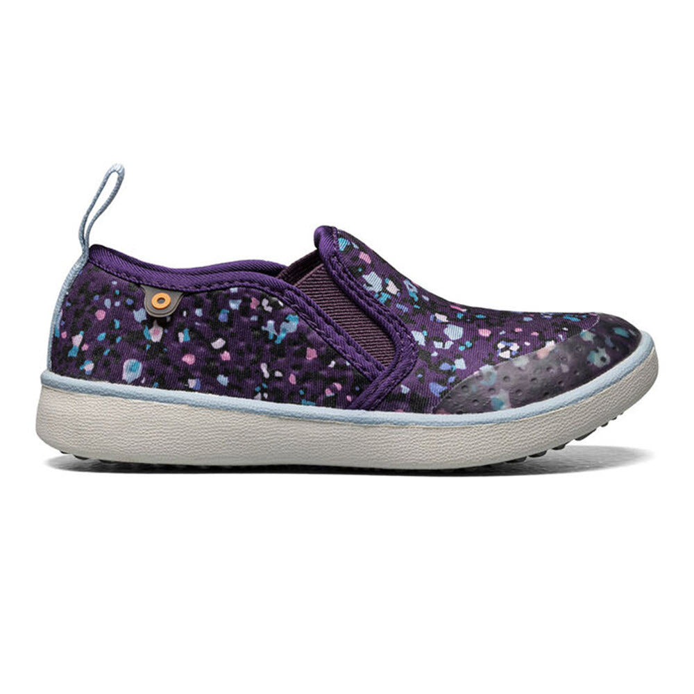 A single Bogs Kicker slip-on casual shoe with a patterned purple upper and a white sole, featuring DuraFresh technology.