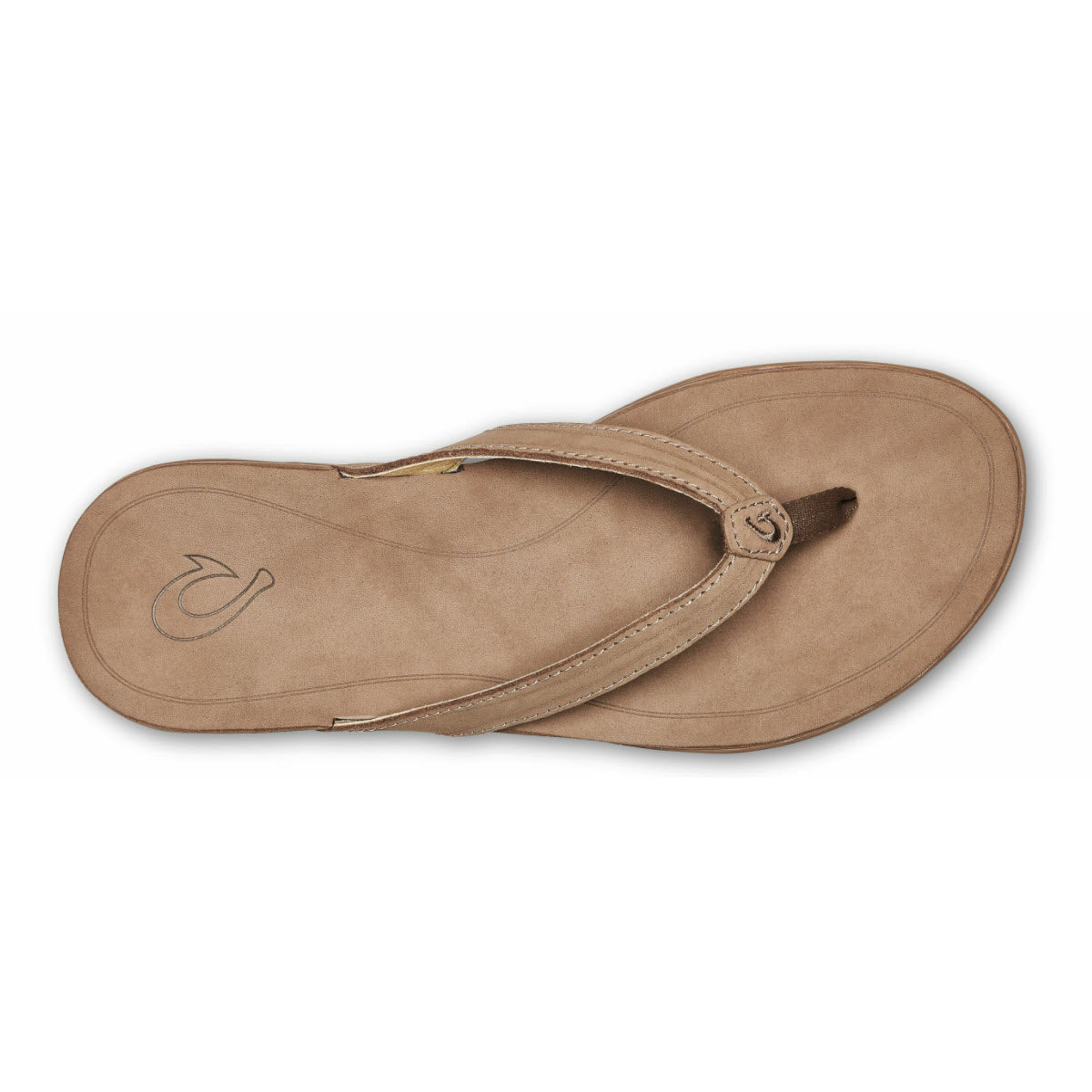 A pair of women’s Olukai Aukai Tan/Tan sandals, crafted from full-grain leather, placed side by side on a white background.