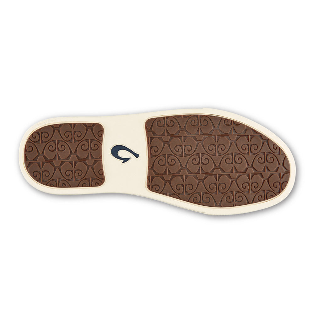 A pair of OLUKAI PEHUEA HEU TAUPE GREY/TAUPE GREY flip-flops with brown patterned soles and a white center strip displaying a logo, crafted from waterproof nubuck leather.