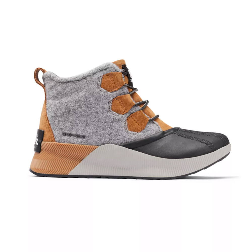 A modern high-top sneaker featuring a waterproof bootie construction with gray textile, tan suede accents, and a black elastic strap across the vamp from Sorel&#39;s SOREL OUT &#39;N ABOUT III CLASSIC CAMEL BROWN - WOMENS.