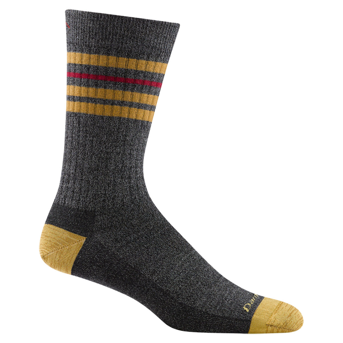 A single Darn Tough Letterman Charcoal Men's athletic performance sock with yellow toe and heel patches and a pattern of yellow and red stripes near the top, crafted from high-loft ultra-supple twisted yarn.