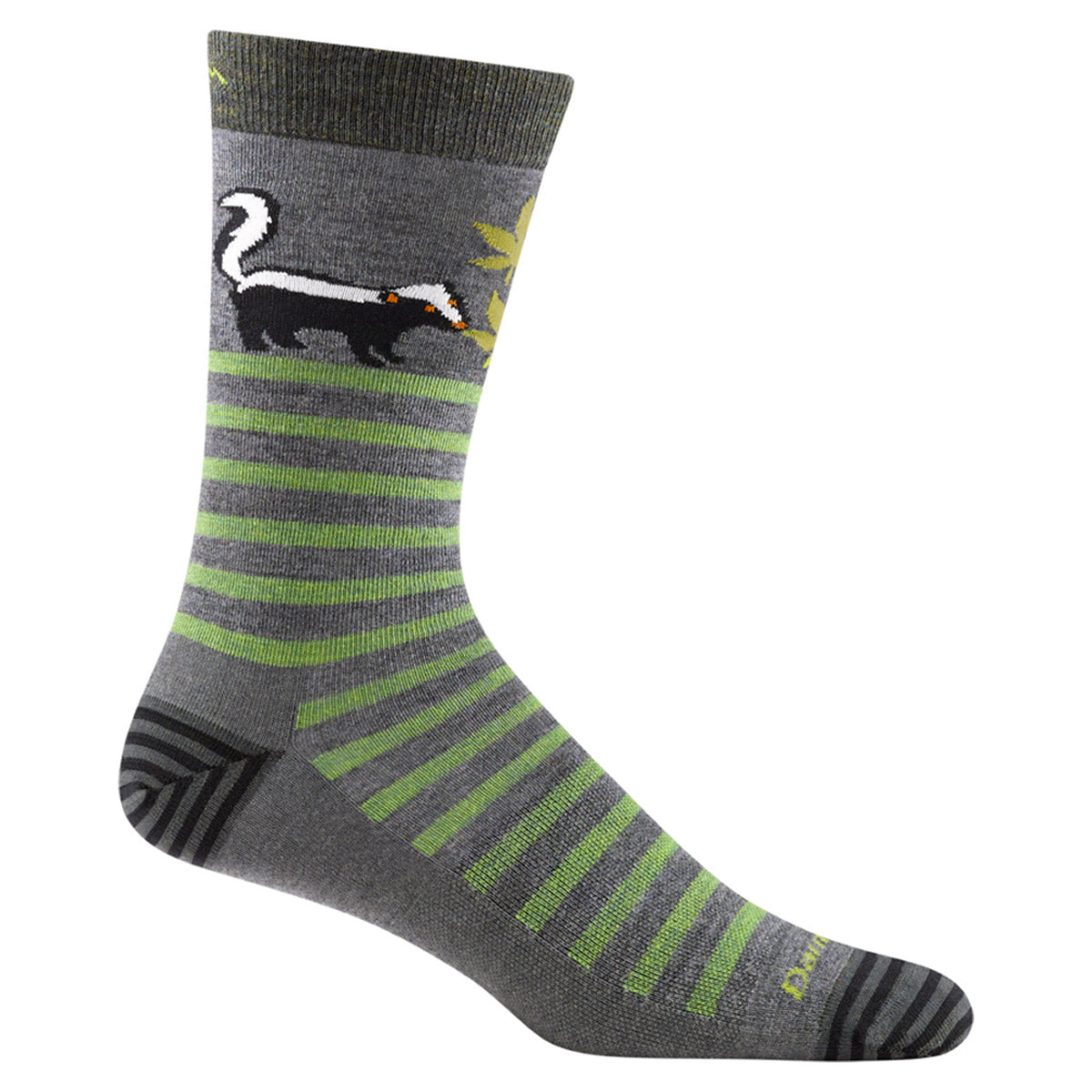 A gray Darn Tough Animal Haus men's sock with green stripes and a skunk design, perfect for men's lifestyle.