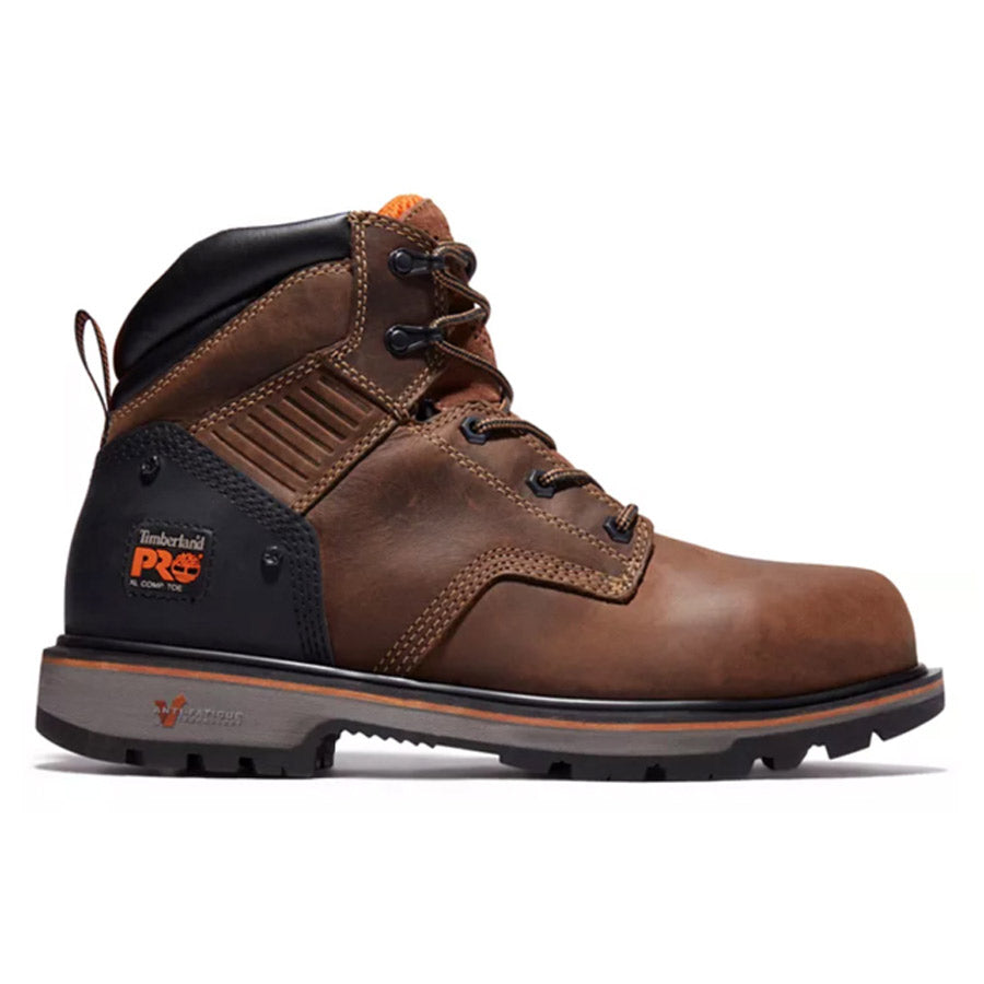 Men&#39;s brown waterproof Timberland Pro Comp Toe Ballast 6&quot; Mocha work boot with black sole and composite safety-toe.