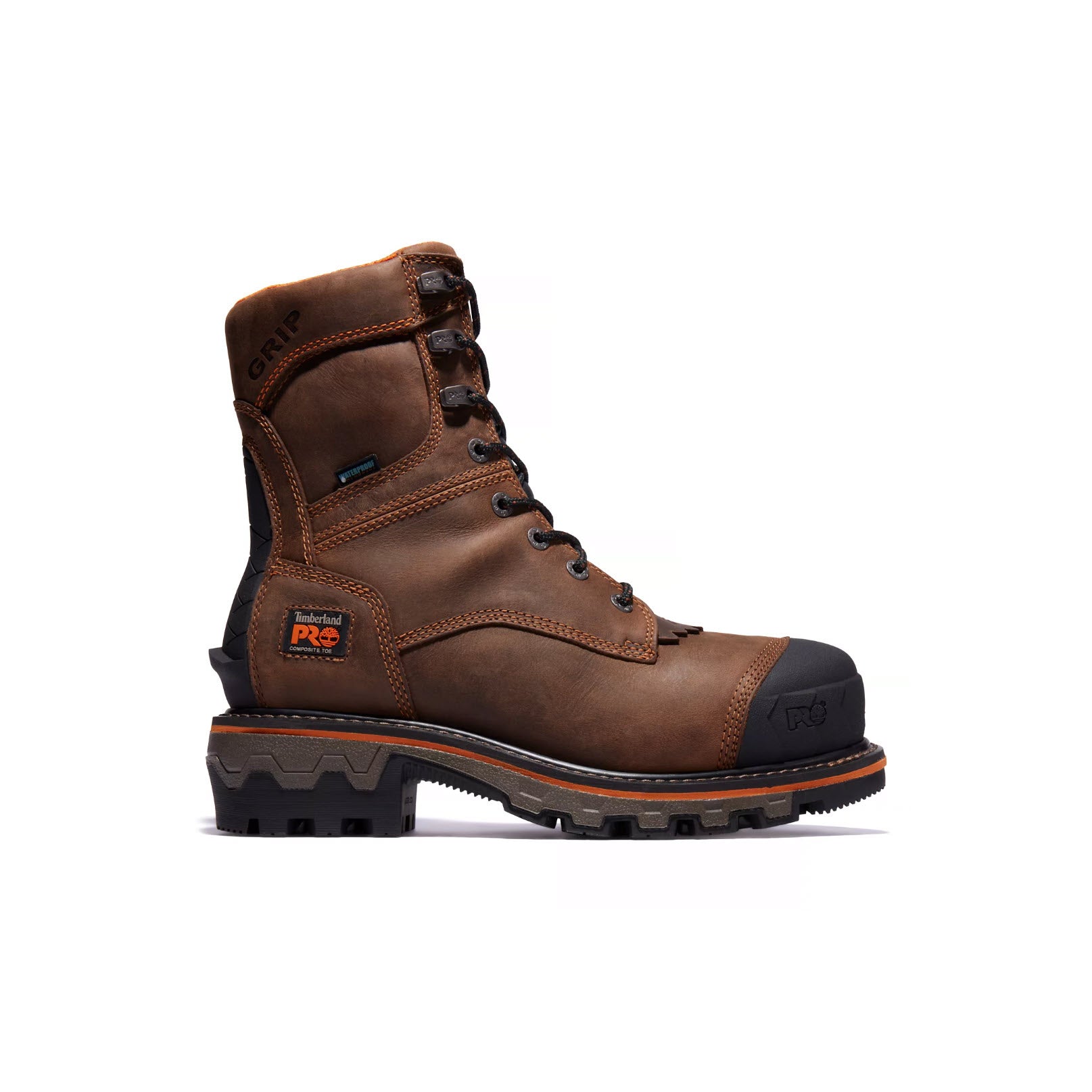 A single Timberland Pro Boondock HD Comp Toe Logger Brown boot with a high ankle design and a reinforced sole on a white background.