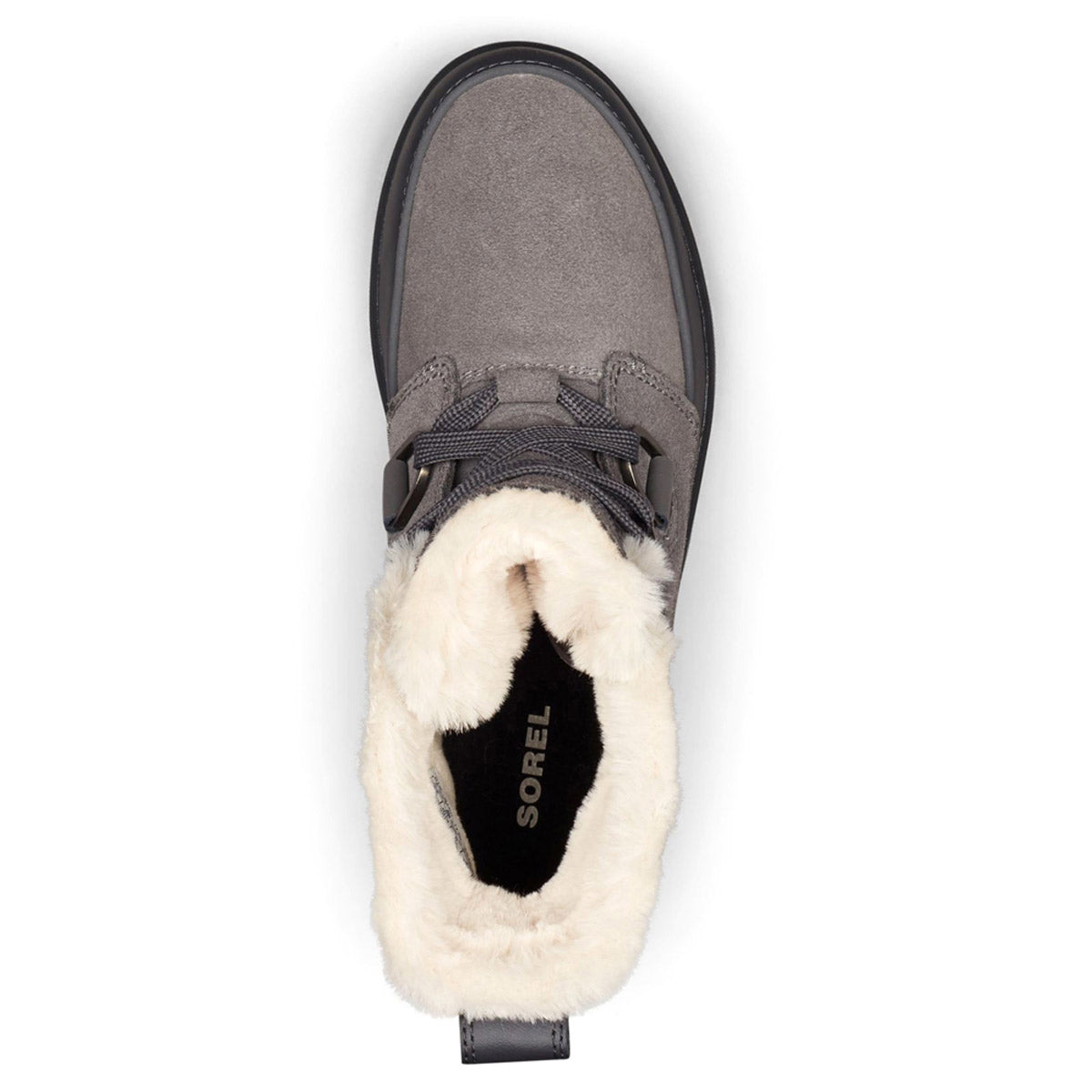 Top-down view of the Sorel Tivoli IV Quarry - Womens waterproof suede boot with a fur lining.