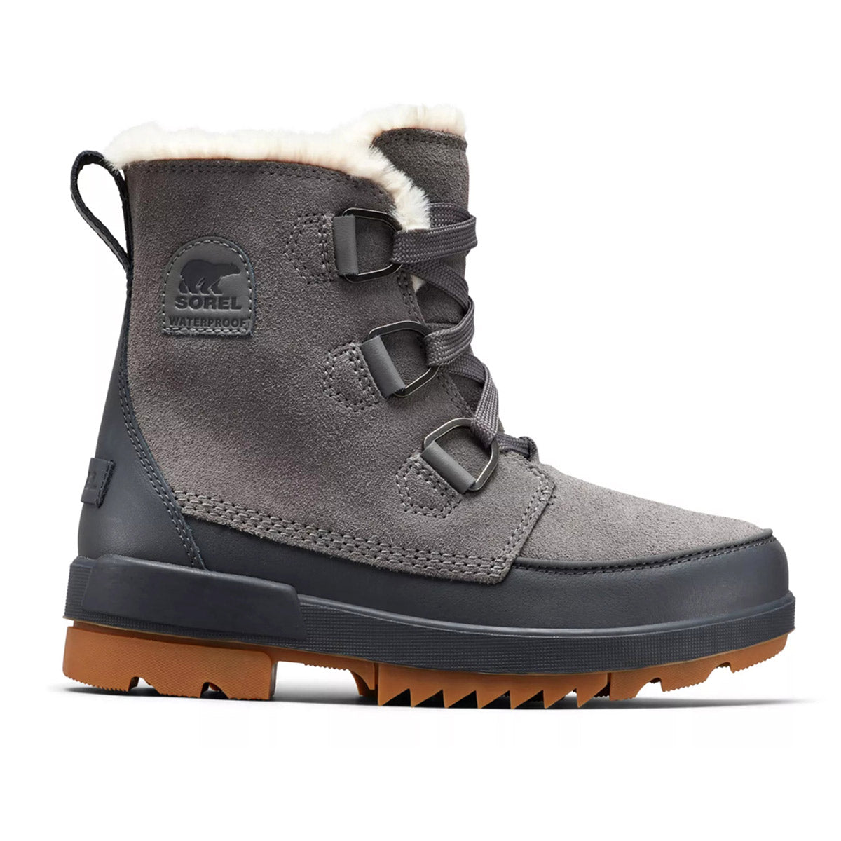 A gray Sorel Tivoli IV Quarry winter boot with fur lining and buckle details.