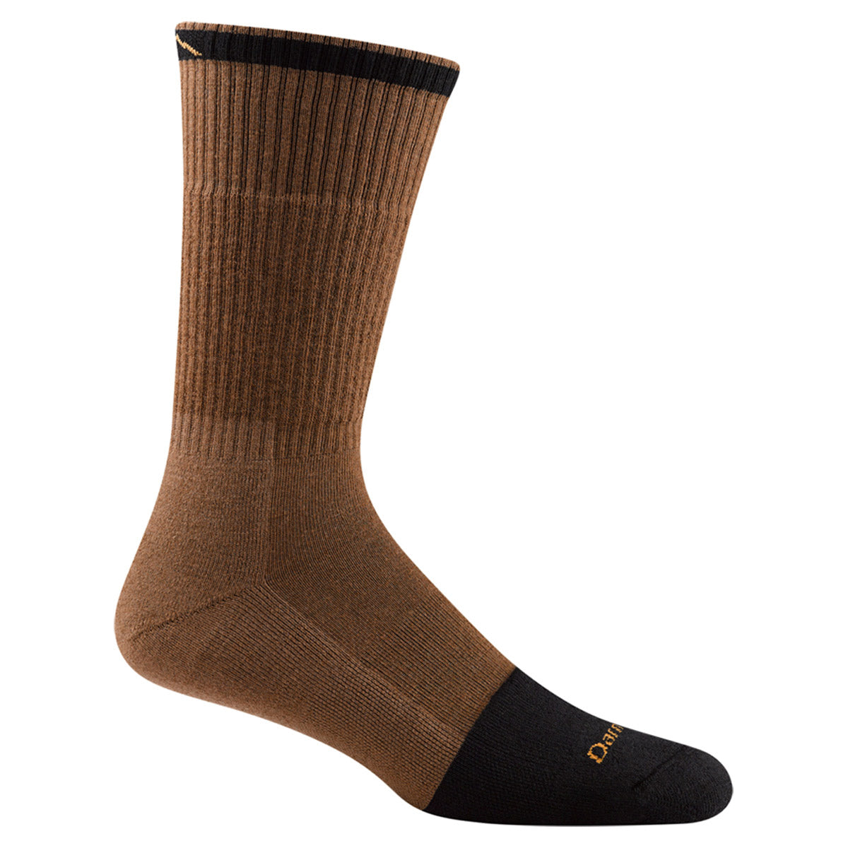 Brown Darn Tough crew sock with a Steely black toe box and logo on a white background, featuring Full Cushion comfort.